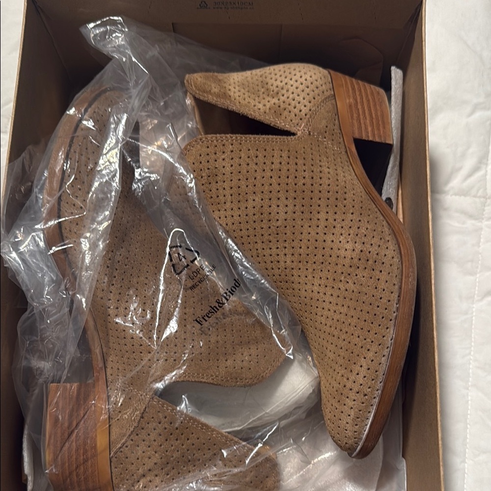 Suede Perforated Cutout Ankle Booties - Tan